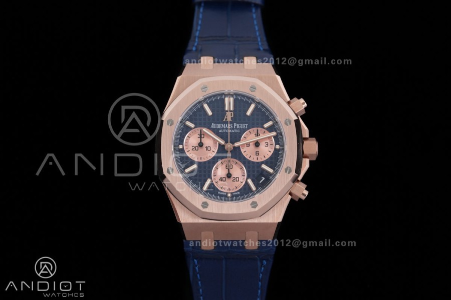 Royal Oak Chrono 26240 RG DDF 1:1 Best Edition Blue/RG Dial on Blue Leather Strap DD4401 Super Clone (SW Dial)