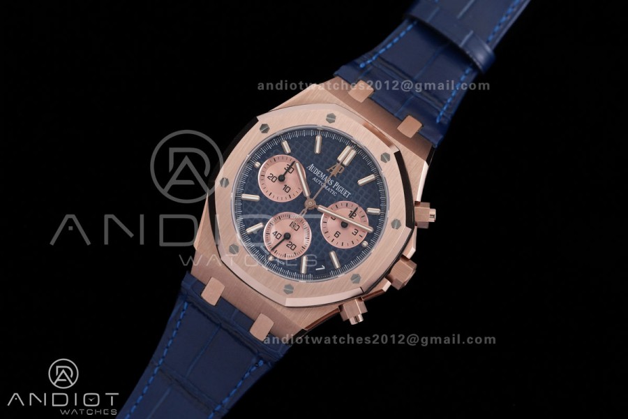 Royal Oak Chrono 26240 RG DDF 1:1 Best Edition Blue/RG Dial on Blue Leather Strap DD4401 Super Clone (SW Dial)