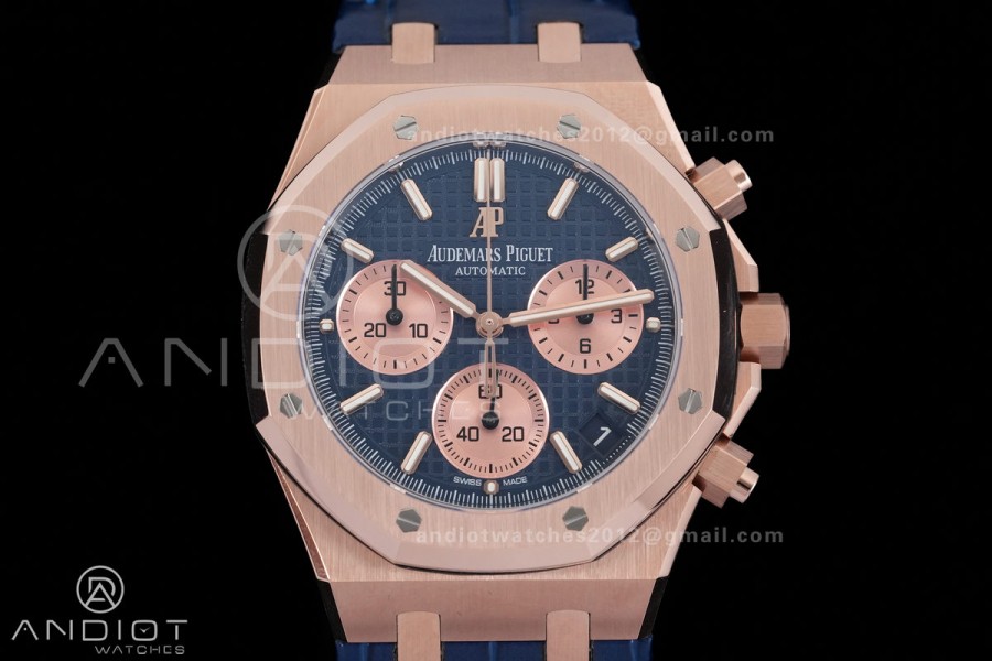 Royal Oak Chrono 26240 RG DDF 1:1 Best Edition Blue/RG Dial on Blue Leather Strap DD4401 Super Clone (SW Dial)