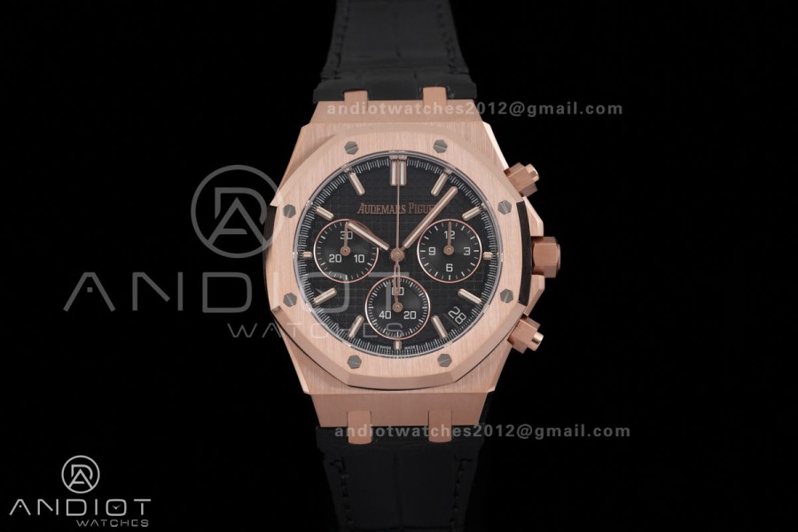 Royal Oak Chrono 26240 RG DDF 1:1 Best Edition Black Dial on Black Leather Bracelet DD4401 Super Clone (SW Dial)