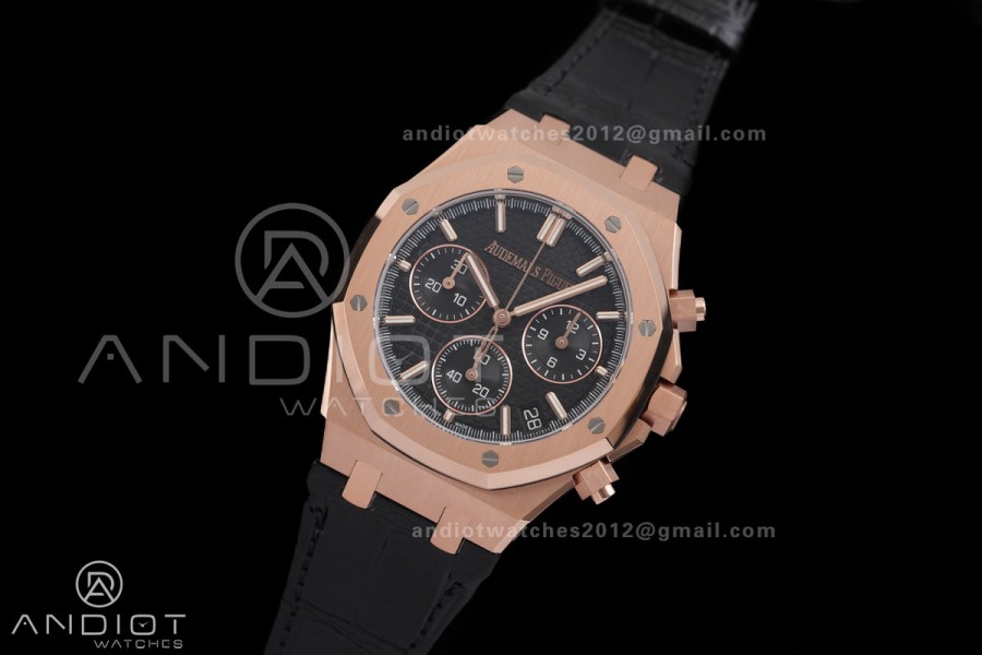 Royal Oak Chrono 26240 RG DDF 1:1 Best Edition Black Dial on Black Leather Bracelet DD4401 Super Clone (SW Dial)