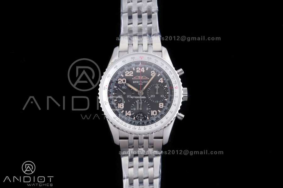 Navitimer B01 SS 43mm BLS 1:1 Best Edition Black dial with number hour markers on SS Bracelet A7750