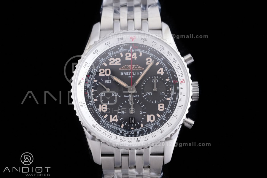 Navitimer B01 SS 43mm BLS 1:1 Best Edition Black dial with number hour markers on SS Bracelet A7750
