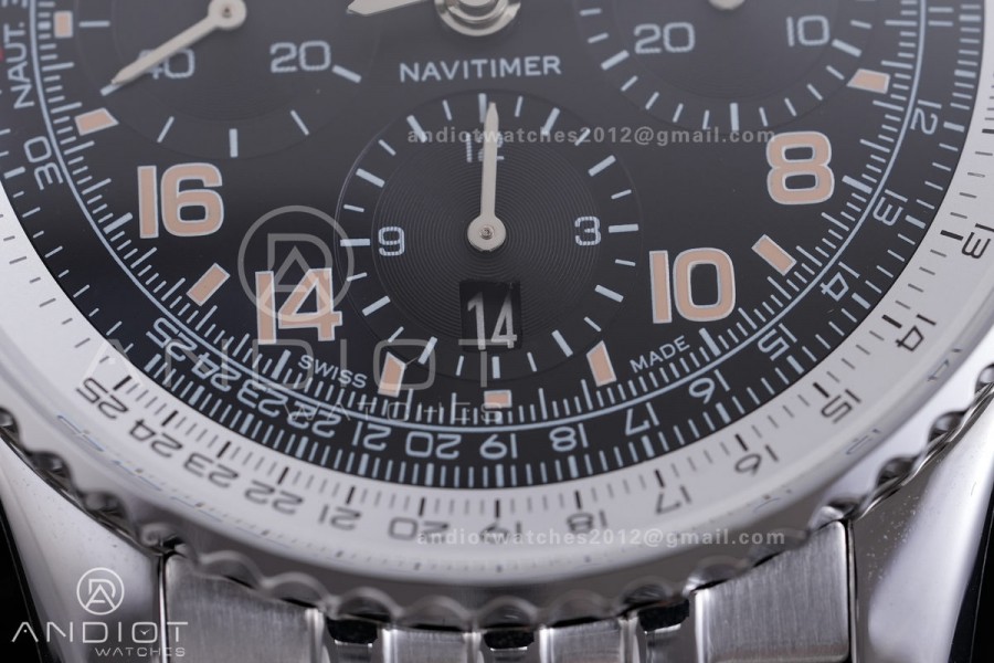 Navitimer B01 SS 43mm BLS 1:1 Best Edition Black dial with number hour markers on SS Bracelet A7750