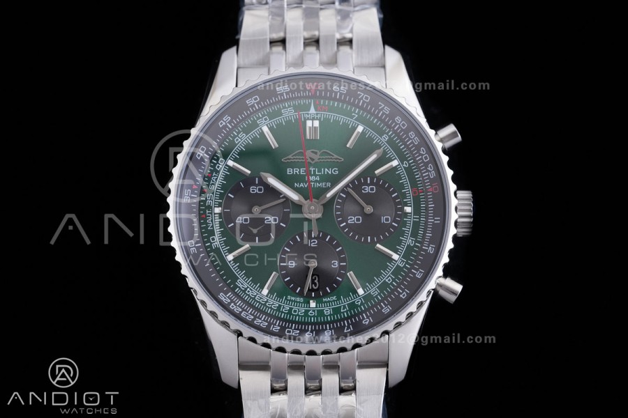 Navitimer B01 SS 43mm BLS 1:1 Best Edition Dark Green Dial Black Subdial on SS Bracelet A7750
