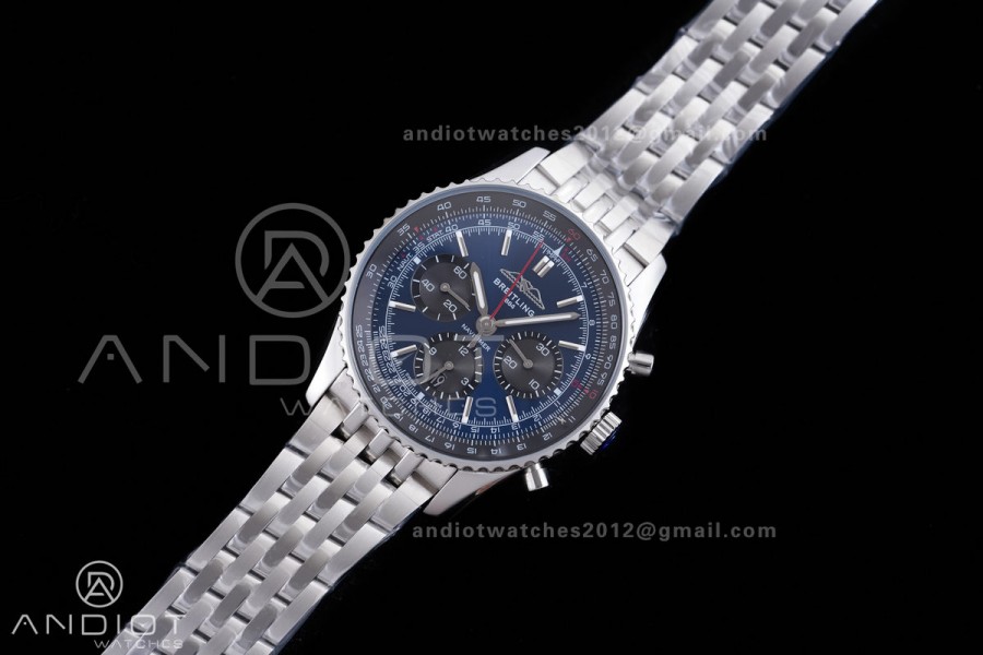 Navitimer B01 SS 43mm BLS 1:1 Best Edition Dark Blue Dial Black Subdial on SS Bracelet A7750
