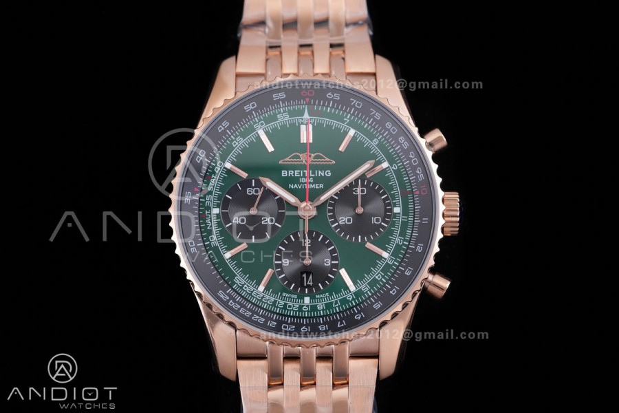 Navitimer B01 RG 43mm BLS 1:1 Best Edition Green Dial Black Subdial on RG Bracelet A7750