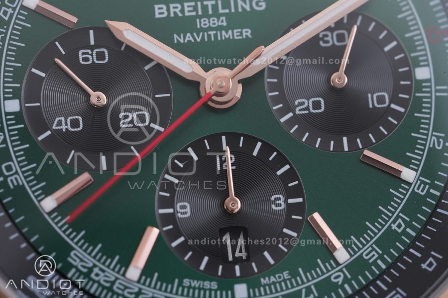 Navitimer B01 RG 43mm BLS 1:1 Best Edition Green Dial Black Subdial on RG Bracelet A7750
