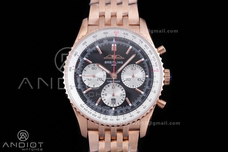 Navitimer B01 RG 43mm BLS 1:1 Best Edition Black Dial White Subdial on RG Bracelet A7750