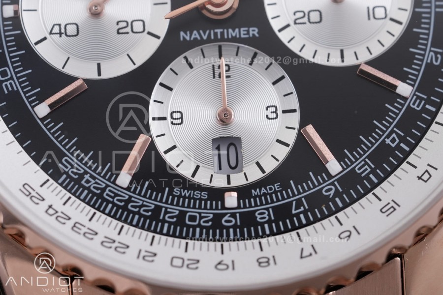 Navitimer B01 RG 43mm BLS 1:1 Best Edition Black Dial White Subdial on RG Bracelet A7750