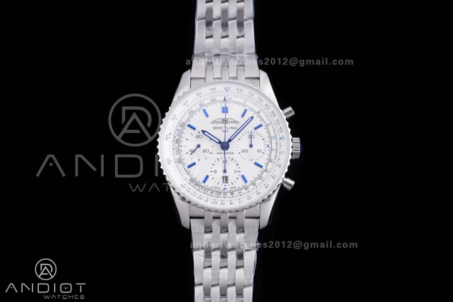 Navitimer B01 SS 43mm BLS 1:1 Best Edition White Dial Blue Marker on SS Bracelet A7750