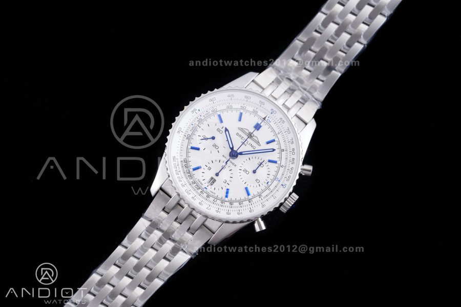 Navitimer B01 SS 43mm BLS 1:1 Best Edition White Dial Blue Marker on SS Bracelet A7750
