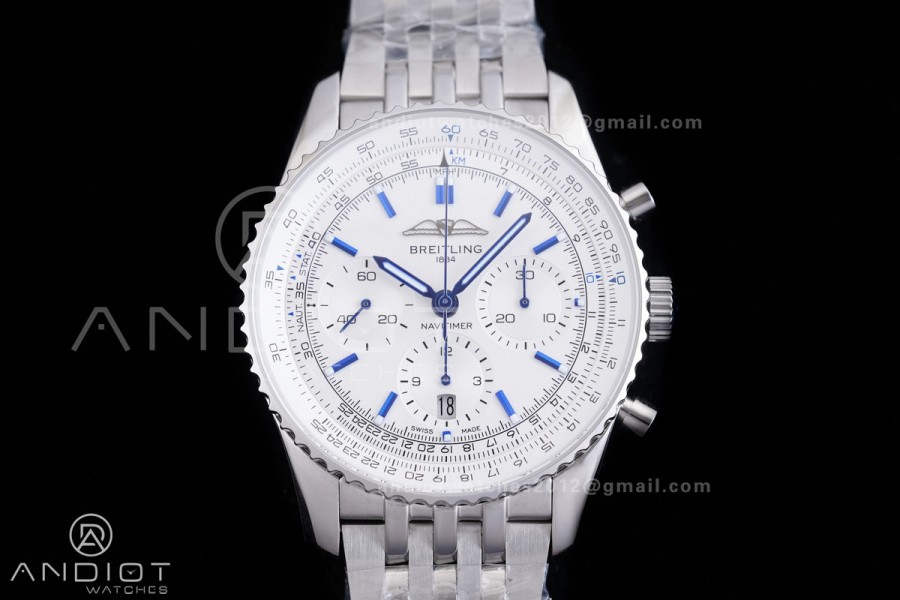 Navitimer B01 SS 43mm BLS 1:1 Best Edition White Dial Blue Marker on SS Bracelet A7750