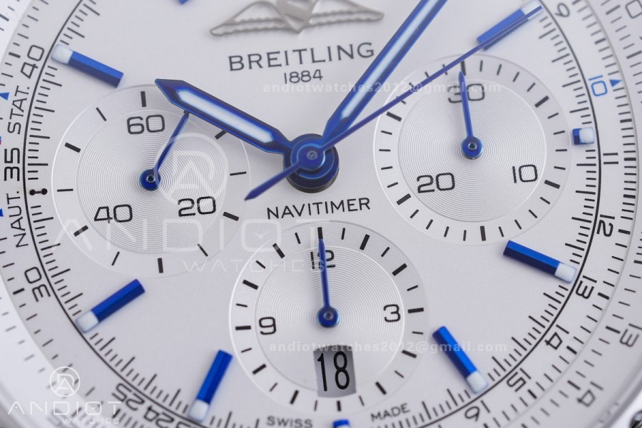 Navitimer B01 SS 43mm BLS 1:1 Best Edition White Dial Blue Marker on SS Bracelet A7750
