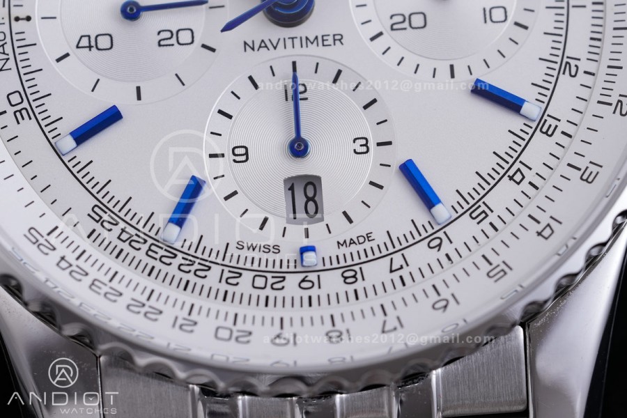 Navitimer B01 SS 43mm BLS 1:1 Best Edition White Dial Blue Marker on SS Bracelet A7750