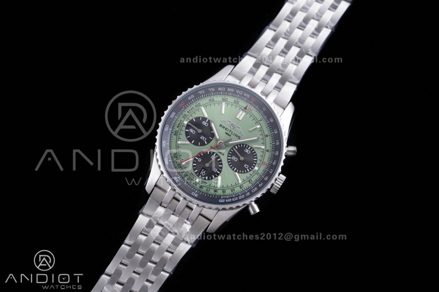Navitimer B01 SS 43mm BLS 1:1 Best Edition Green Dial Black Subdial on SS Bracelet A7750