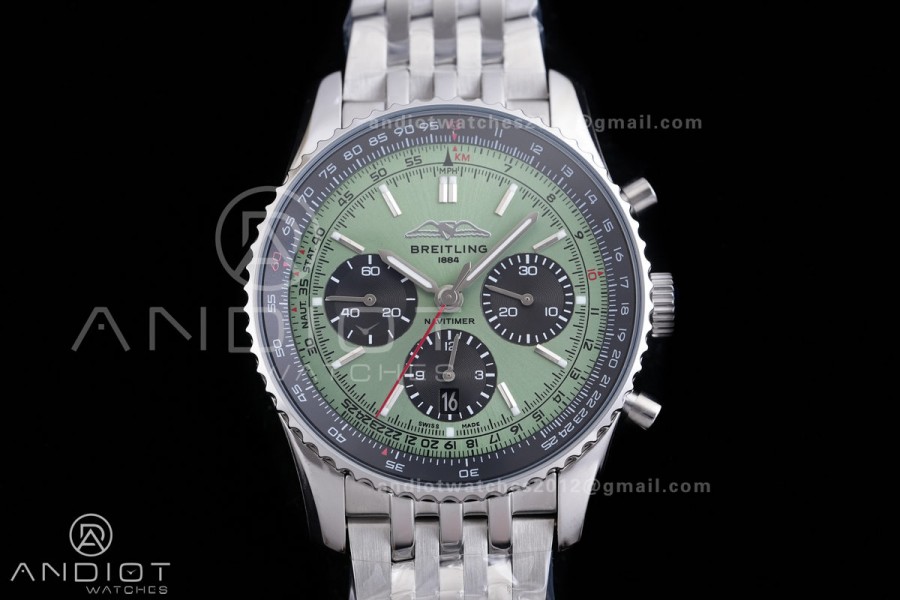 Navitimer B01 SS 43mm BLS 1:1 Best Edition Green Dial Black Subdial on SS Bracelet A7750