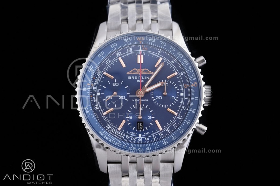 Navitimer B01 SS 43mm BLS 1:1 Best Edition Blue Dial RG Marker on SS Bracelet A7750