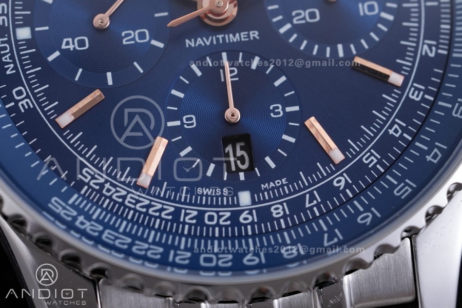Navitimer B01 SS 43mm BLS 1:1 Best Edition Blue Dial RG Marker on SS Bracelet A7750