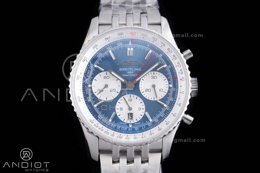 Navitimer B01 SS 43mm BLS 1:1 Best Edition Blue Dial White subdial on SS Bracelet A7750