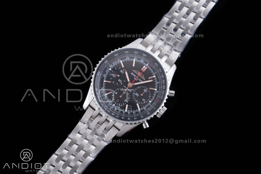 Navitimer B01 SS 43mm BLS 1:1 Best Edition Black Dial RG Marker on SS Bracelet A7750