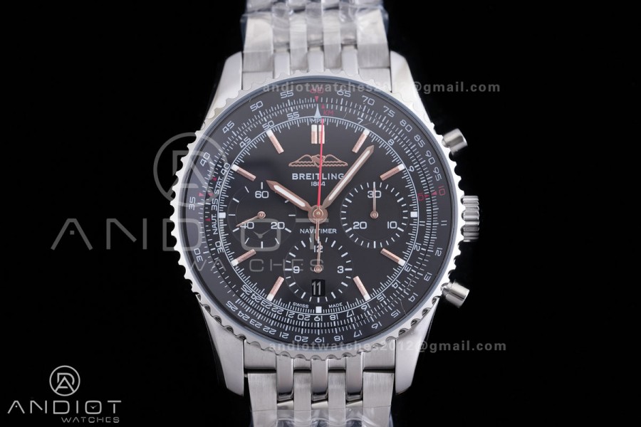 Navitimer B01 SS 43mm BLS 1:1 Best Edition Black Dial RG Marker on SS Bracelet A7750
