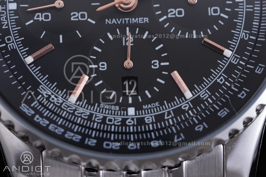 Navitimer B01 SS 43mm BLS 1:1 Best Edition Black Dial RG Marker on SS Bracelet A7750