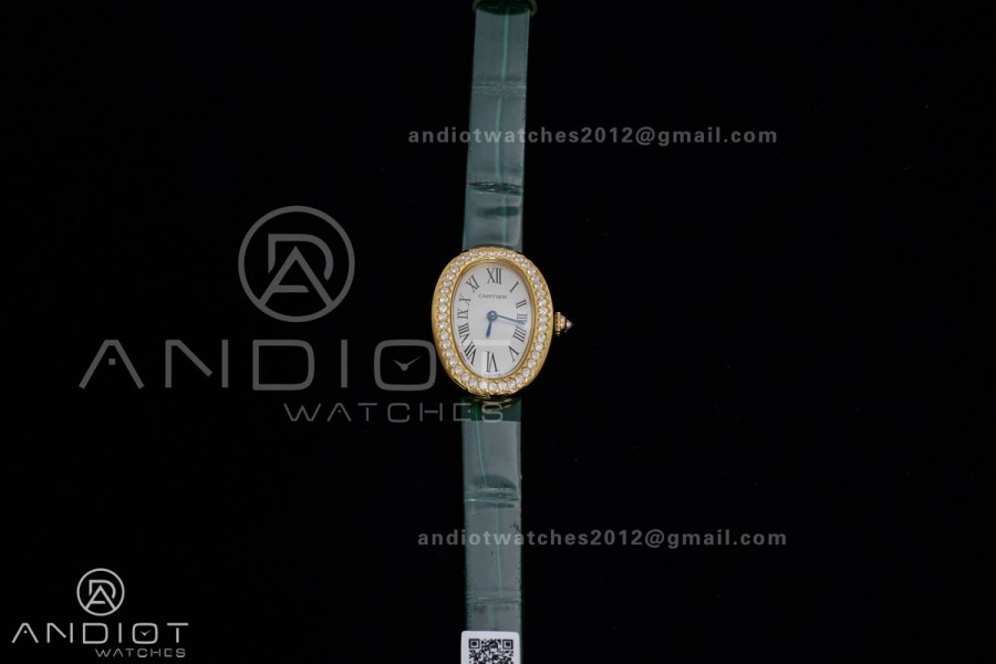 Baignoire Watch YG AF 1:1 Best Edition White Dial Diamonds Bezel on Green Strap RONDA Quartz