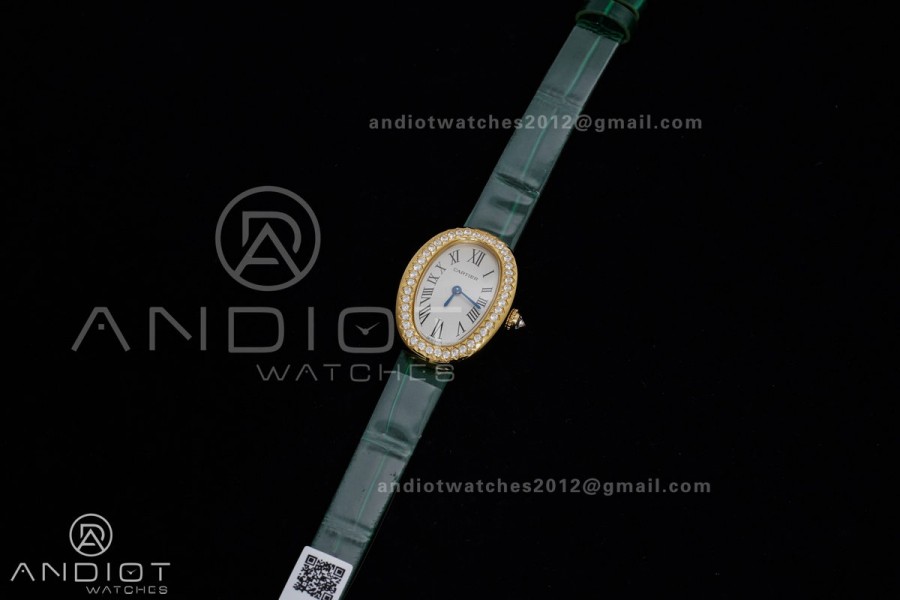 Baignoire Watch YG AF 1:1 Best Edition White Dial Diamonds Bezel on Green Strap RONDA Quartz
