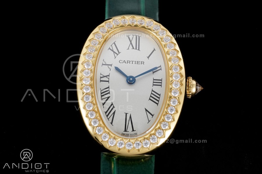 Baignoire Watch YG AF 1:1 Best Edition White Dial Diamonds Bezel on Green Strap RONDA Quartz