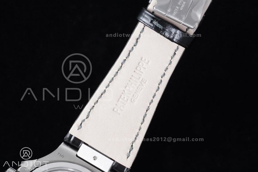Nautilus 5712 Full Diamonds SS PPF 1:1 Best Edition Gray Dial on Black Leather Strap A240 Super Clone V3