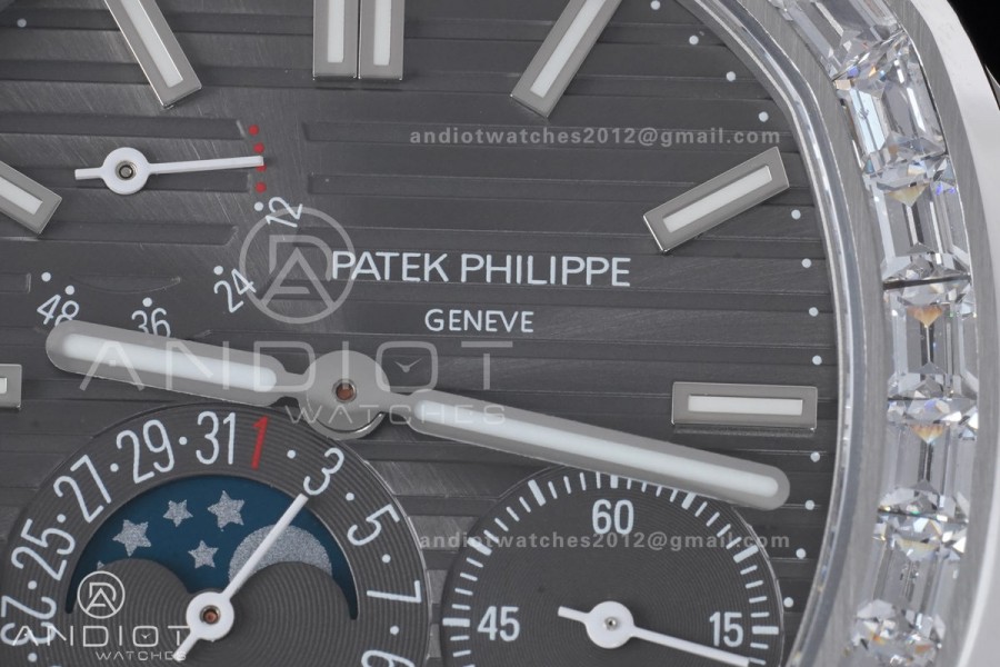 Nautilus 5712 Full Diamonds SS PPF 1:1 Best Edition Gray Dial on Black Leather Strap A240 Super Clone V3