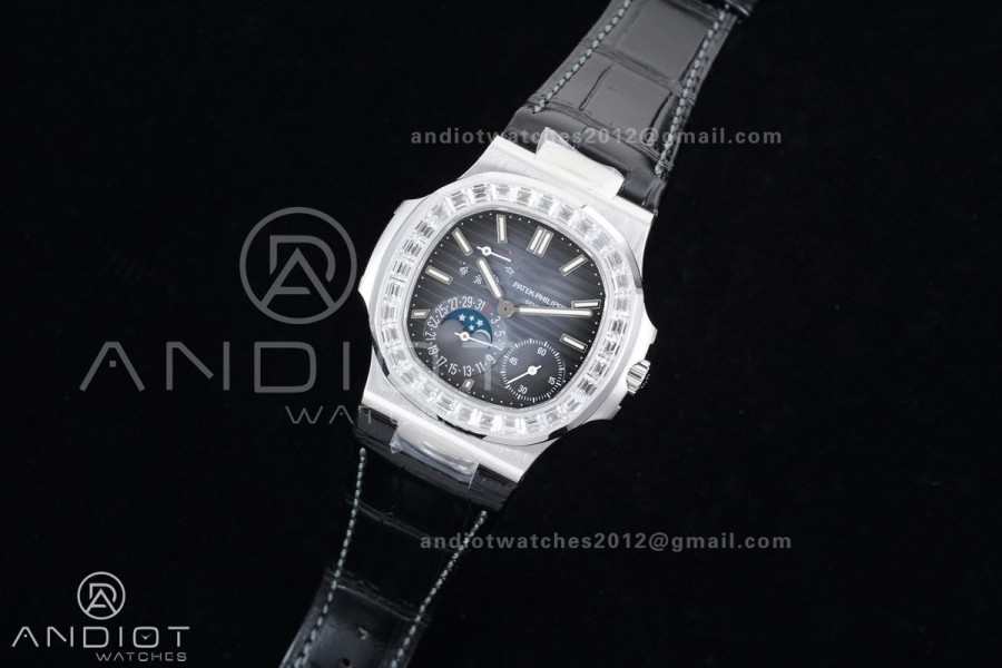 Nautilus 5712 Full Diamonds SS PPF 1:1 Best Edition Blue Dial on Black Leather Strap A240 Super Clone V3