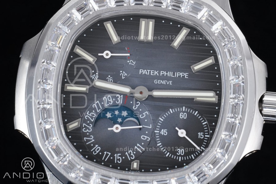 Nautilus 5712 Full Diamonds SS PPF 1:1 Best Edition Blue Dial on Black Leather Strap A240 Super Clone V3