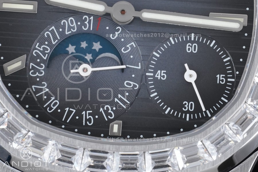Nautilus 5712 Full Diamonds SS PPF 1:1 Best Edition Blue Dial on Black Leather Strap A240 Super Clone V3