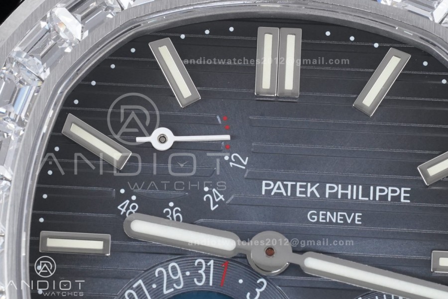 Nautilus 5712 Full Diamonds SS PPF 1:1 Best Edition Blue Dial on Black Leather Strap A240 Super Clone V3