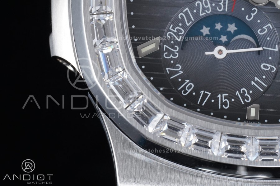Nautilus 5712 Full Diamonds SS PPF 1:1 Best Edition Blue Dial on Black Leather Strap A240 Super Clone V3