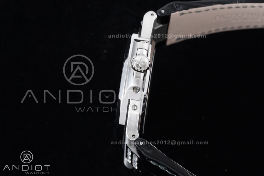Nautilus 5712 Full Diamonds SS PPF 1:1 Best Edition Blue Dial on Black Leather Strap A240 Super Clone V3