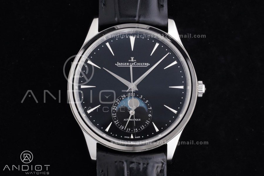 Master Ultra Thin Moon SS APSF 1:1 Best Edition Black Dial on Black Leather Strap SA925 Super Clone