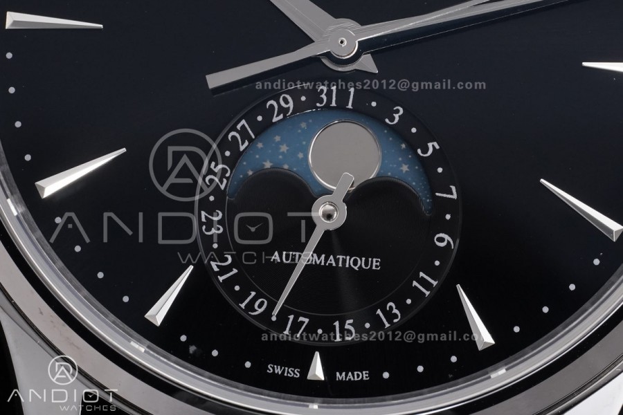Master Ultra Thin Moon SS APSF 1:1 Best Edition Black Dial on Black Leather Strap SA925 Super Clone