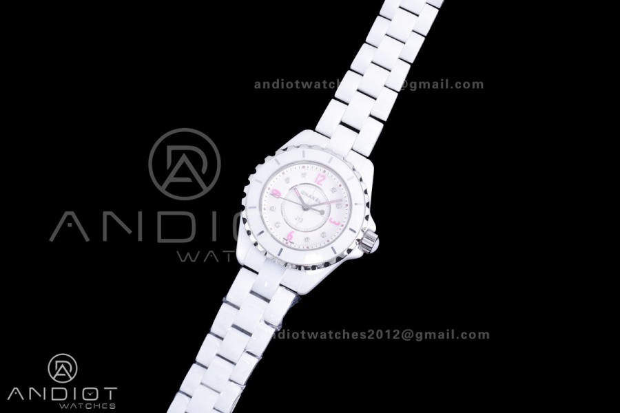 J12 33mm HTF 1:1 Best Edition White Korea Ceramic Cream Dial Pink Markers on Bracelet Swiss Quartz
