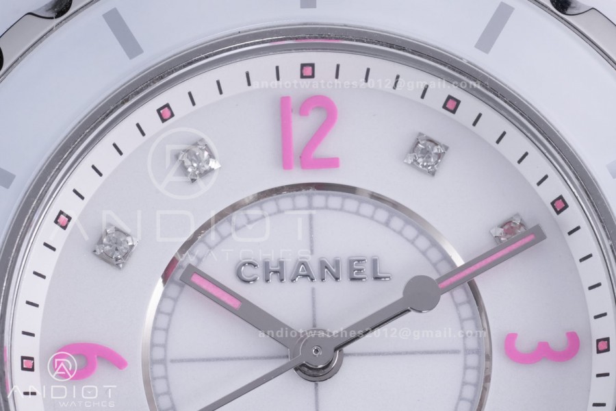 J12 33mm HTF 1:1 Best Edition White Korea Ceramic Cream Dial Pink Markers on Bracelet Swiss Quartz
