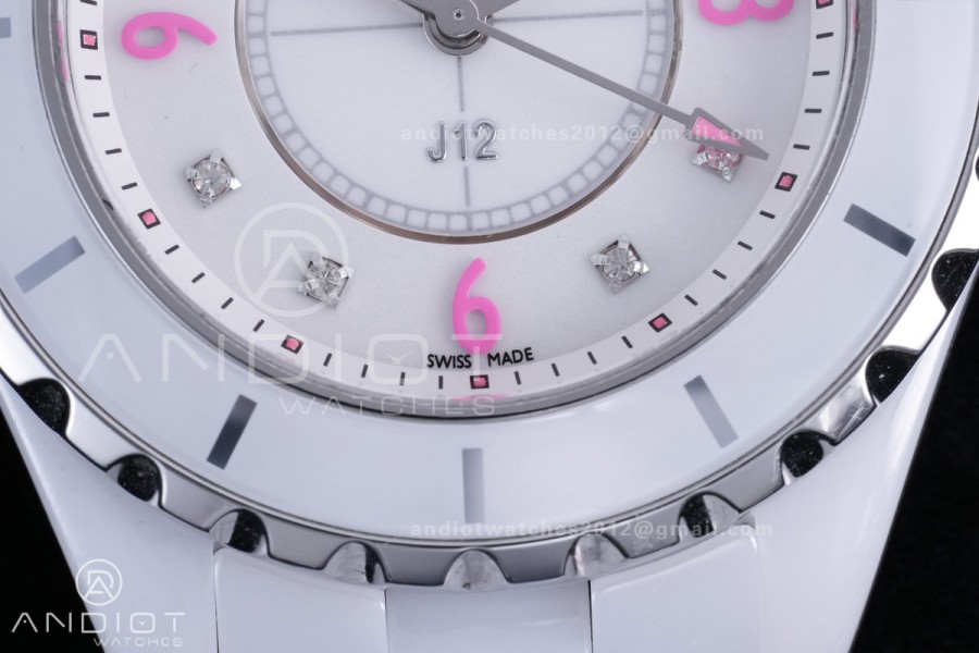 J12 33mm HTF 1:1 Best Edition White Korea Ceramic Cream Dial Pink Markers on Bracelet Swiss Quartz