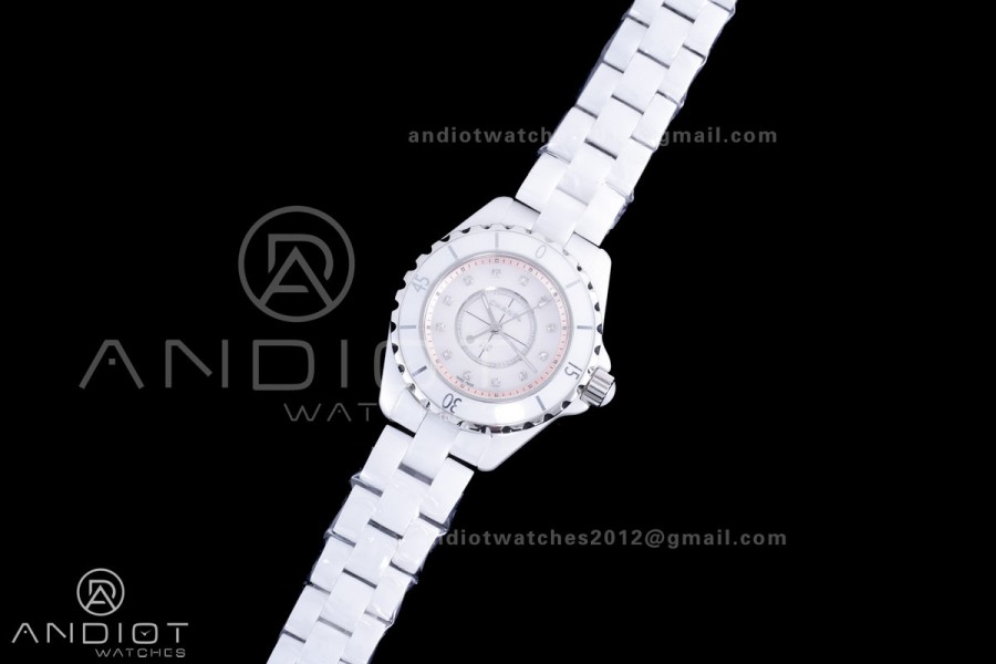 J12 33mm HTF 1:1 Best Edition White Korea Ceramic Cream Diamonds Dial on Bracelet Swiss Quartz