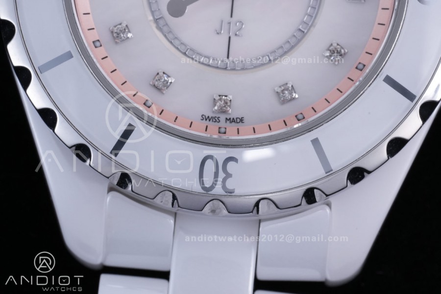 J12 33mm HTF 1:1 Best Edition White Korea Ceramic Cream Diamonds Dial on Bracelet Swiss Quartz