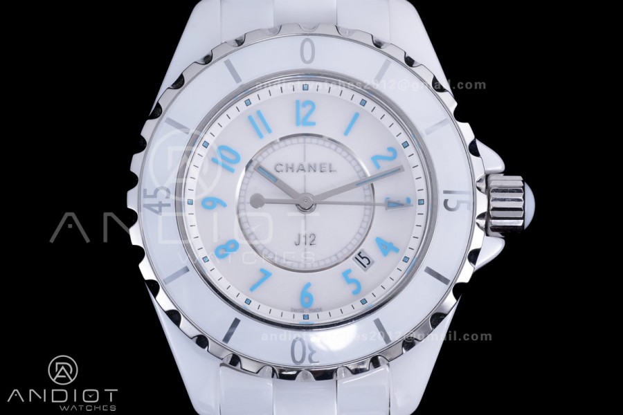 J12 33mm HTF 1:1 Best Edition White Korea Ceramic White Dial Blue Markers on Bracelet Swiss Quartz