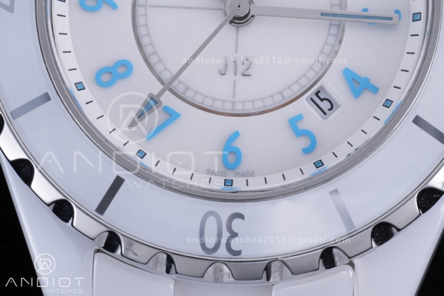 J12 33mm HTF 1:1 Best Edition White Korea Ceramic White Dial Blue Markers on Bracelet Swiss Quartz