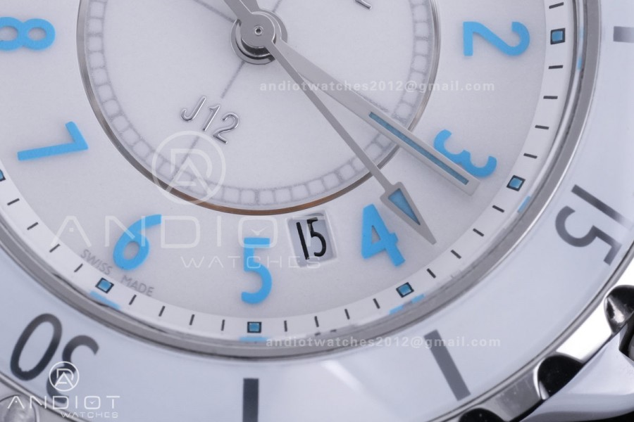 J12 33mm HTF 1:1 Best Edition White Korea Ceramic White Dial Blue Markers on Bracelet Swiss Quartz