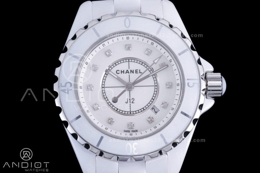 J12 33mm HTF 1:1 Best Edition White Korea Ceramic White Dial Diamond Markers on Bracelet Swiss Quartz