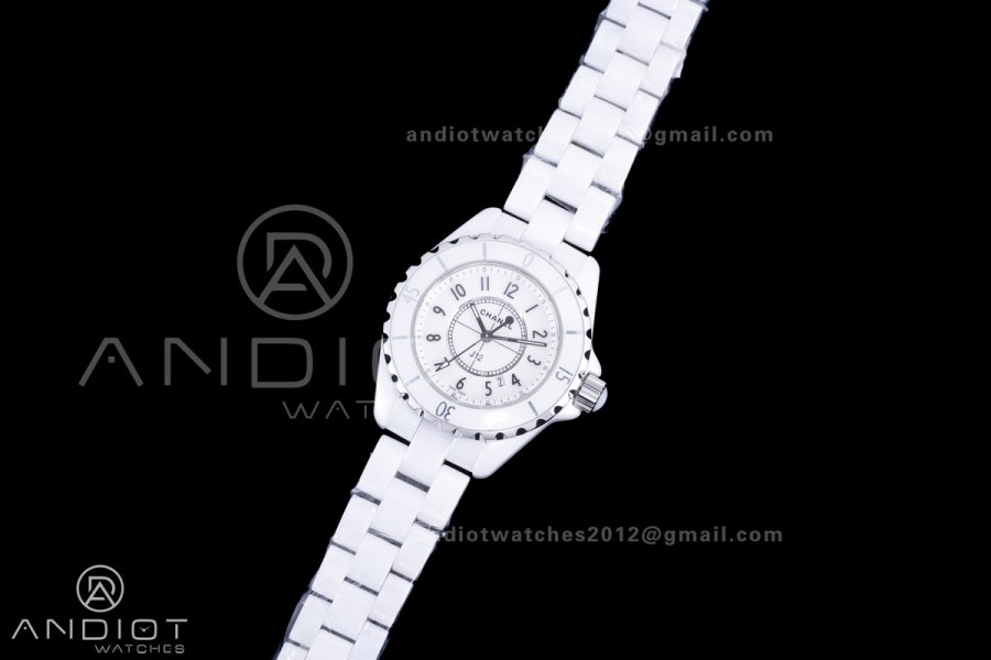 J12 33mm HTF 1:1 Best Edition White Korea Ceramic White Dial Black Markers on Bracelet Swiss Quartz